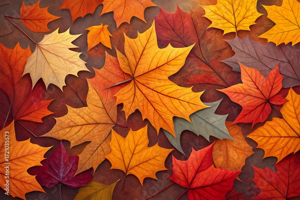 Fototapeta Autumnal Canopy: A rich tapestry of fallen leaves, showcasing the vibrant hues of the season's gentle transition from lush green to a spectrum of warm tones.