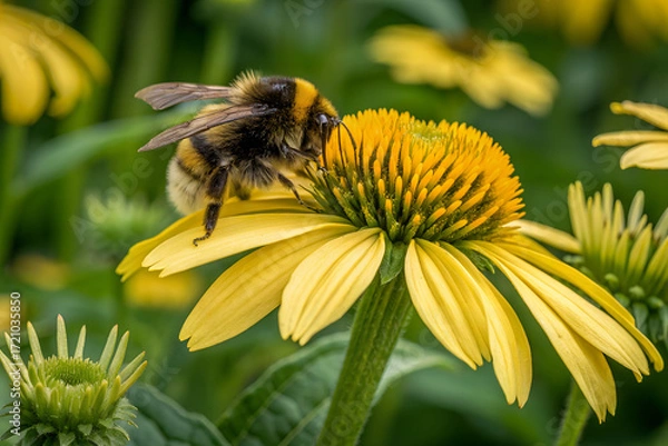 Fototapeta Buzzing Beauty: A close-up shot of a fluffy bumblebee delicately collects nectar from a vibrant yellow flower, capturing the essence of nature's harmony.