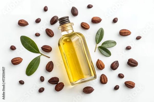Fototapeta Jojoba oil and Seeds: The nourishing essence of jojoba oil is captured in a bottle, surrounded by the natural elements of the seeds and leaves in a vibrant and healthy composition.