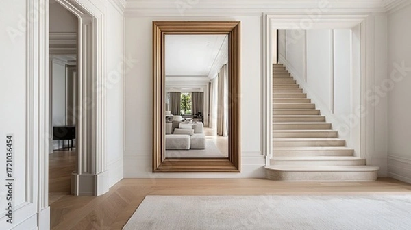 Fototapeta A stylish interior space featuring a large mirror, elegant staircase, and modern furnishings, showcasing a blend of sophistication and contemporary design.