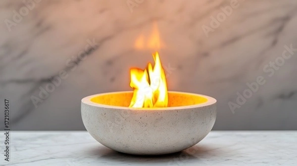 Fototapeta A modern fire bowl with a vibrant flame, set against a sleek marble background, creating a warm and inviting ambiance.