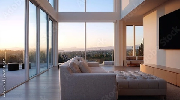 Fototapeta A modern living room with panoramic windows offering a stunning sunset view, highlighting contemporary design and spaciousness.