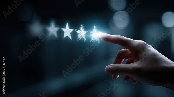 Fototapeta Hand selects a glowing five-star rating on a dark background. Ideal for customer reviews, feedback systems, NPS surveys, quality pages, apps, and slides about satisfaction and service.