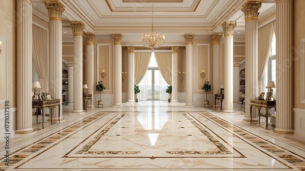 Fototapeta A luxurious interior space featuring elegant columns, marble flooring, and ornate decor, showcasing a grand aesthetic in a well-lit environment.