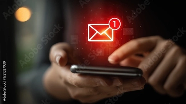 Fototapeta Hand uses a phone showing a red email notification bubble. Ideal for mobile communication, push alerts, newsletters, and slides about messaging, engagement, sending and customer care.