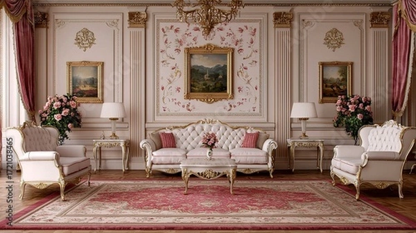 Fototapeta A luxurious, elegantly designed living room featuring ornate furniture, decorative paintings, and floral arrangements, creating a sophisticated atmosphere.