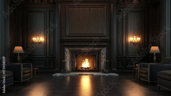 Fototapeta A cozy, dimly lit interior featuring a fireplace, dark wooden walls, elegant lamps, and comfortable seating, creating a warm and inviting atmosphere.