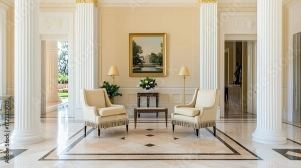 Fototapeta A luxurious interior space featuring elegant chairs, a coffee table, and decorative columns, complemented by artwork on the walls and a serene atmosphere.