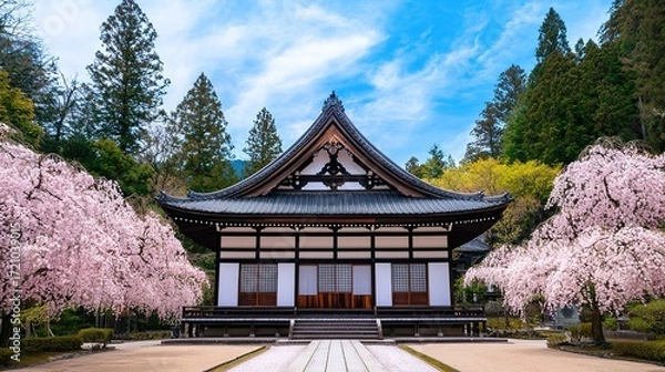 Fototapeta Tranquil japanese wooden temple surrounded by cherry blossoms japan gigapixel image serene environment captivating view