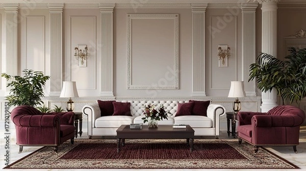 Fototapeta A stylish living room featuring elegant furnishings, decorative plants, and classic architectural elements, creating a sophisticated and inviting atmosphere.