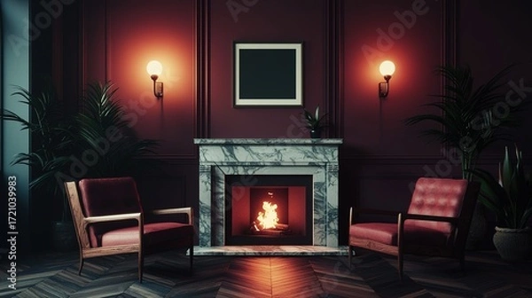 Fototapeta A cozy interior scene featuring two chairs beside a marble fireplace, plants, and warm lighting, creating an inviting atmosphere.