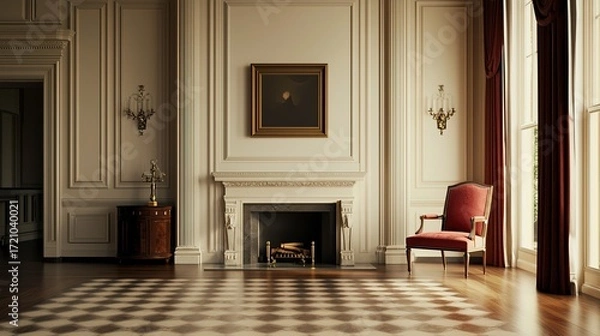 Fototapeta A spacious, elegantly designed room featuring classic decor, tall windows, and a cozy fireplace, creating a warm and inviting atmosphere.