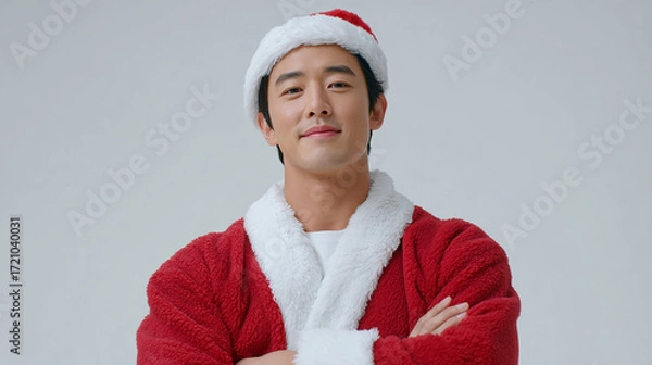 Fototapeta A confident person wearing a red Santa Claus hat and fluffy coat with arms crossed against a plain background perfect for Christmas holiday themes