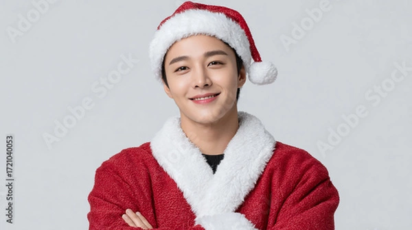 Fototapeta A confident person wearing a red Santa Claus hat and fluffy coat with arms crossed against a plain background perfect for Christmas holiday themes