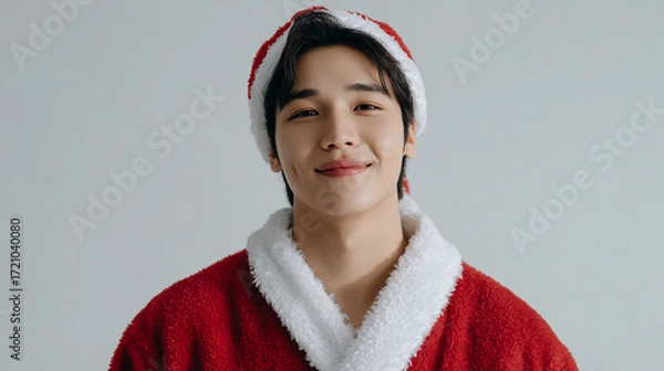 Fototapeta A confident person wearing a red Santa Claus hat and fluffy coat with arms crossed against a plain background perfect for Christmas holiday themes