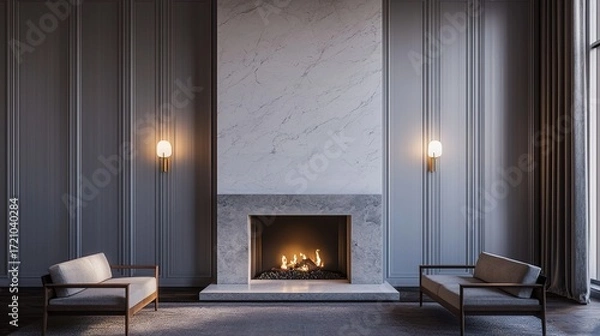 Fototapeta A modern interior featuring a minimalist fireplace, elegant lighting, and stylish seating creates a cozy and sophisticated ambiance.