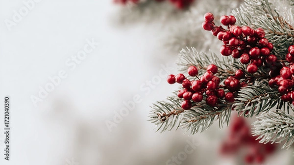 Fototapeta A close-up of frosted pine branches decorated with vibrant red berries creating a festive and cozy Christmas holiday atmosphere