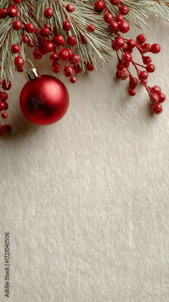Fototapeta A close-up of frosted pine branches decorated with vibrant red berries creating a festive and cozy Christmas holiday atmosphere