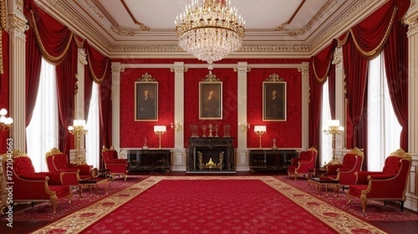 Fototapeta A luxurious room featuring red walls, ornate furniture, and elegant decor, highlighted by a grand chandelier and portraits on display.