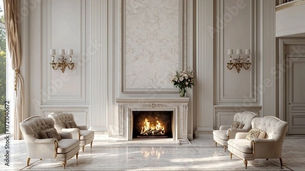 Fototapeta A luxurious, elegantly designed living room featuring plush seating, a marble fireplace, and ornate architectural details, creating a sophisticated atmosphere.