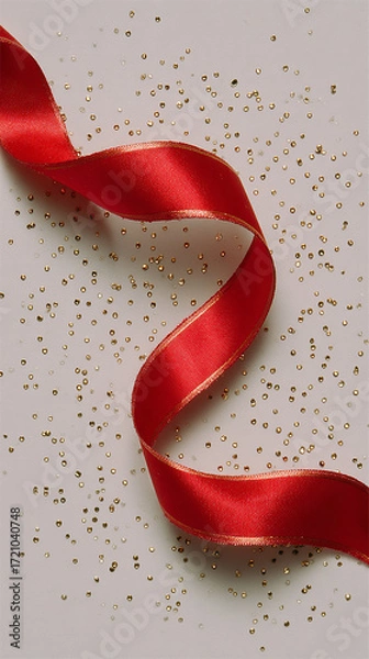 Fototapeta A smooth red satin ribbon elegantly curled on a sparkling gold confetti background perfect for festive holiday and gift wrapping themes