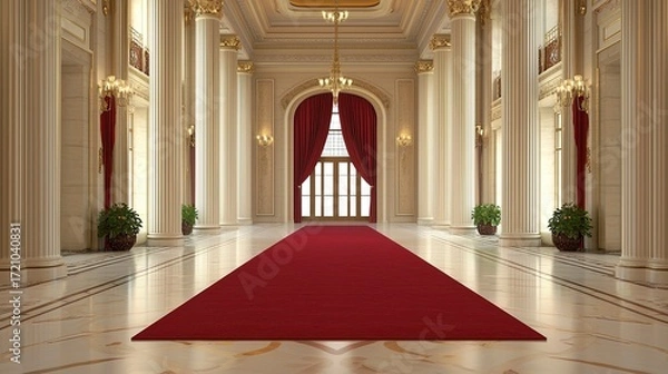 Fototapeta A grand hallway featuring tall columns, elegant decor, and a red carpet leading to a large window, creating a luxurious atmosphere.