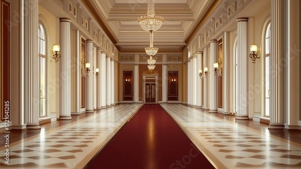Fototapeta A grand, elegantly designed hallway featuring polished floors, tall columns, and ornate chandeliers, creating a luxurious atmosphere.