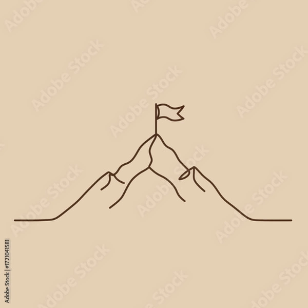 Fototapeta Minimalist mountain peak with flag on top, symbolizing achievement and success, vector illustration on a beige background