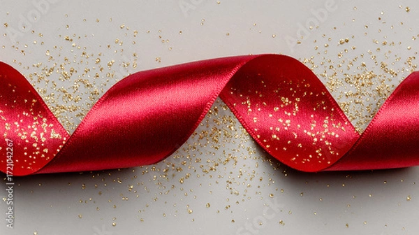 Fototapeta A smooth red satin ribbon elegantly curled on a sparkling gold confetti background perfect for festive holiday and gift wrapping themes