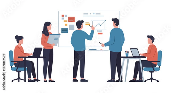 Fototapeta business meeting team brainstorms data-driven strategy on a whiteboard collaborating to boost company growth and enhance corporate performance metrics