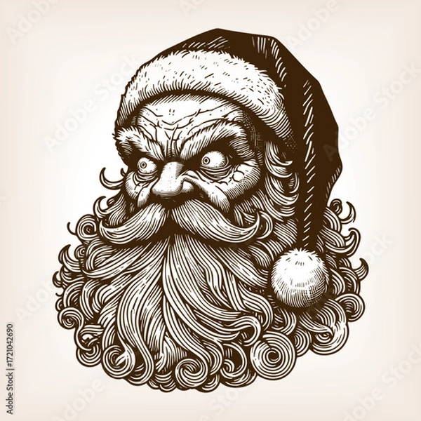 Fototapeta Santa Claus with curly beard and hat, drawn with exaggerated intense eyes and dramatic comic expression sketch engraving generative ai vector illustration. Scratch board. Black and white image.