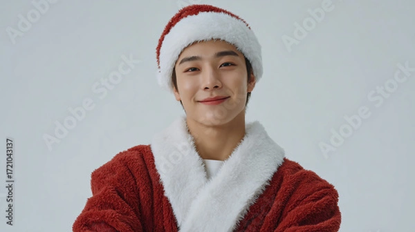 Fototapeta A confident person wearing a red Santa Claus hat and fluffy coat with arms crossed against a plain background perfect for Christmas holiday themes