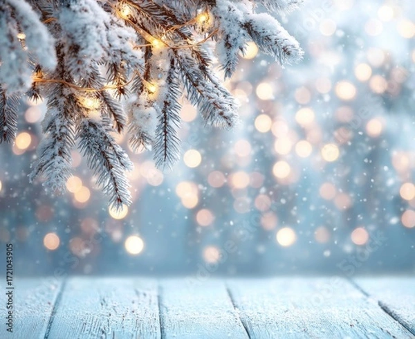 Fototapeta Snowy Pine Branches with Lights on Wooden Table