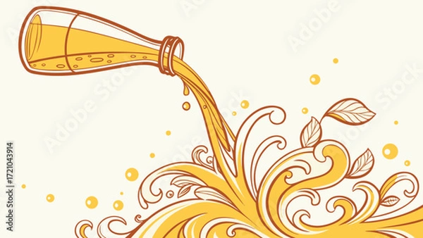 Fototapeta Illustration of a bottle of beer with leaves and swirls.