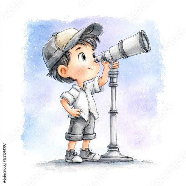 Fototapeta Illustration of a Curious boy in a white shirt and grey shorts exploring the sky with a telescope against