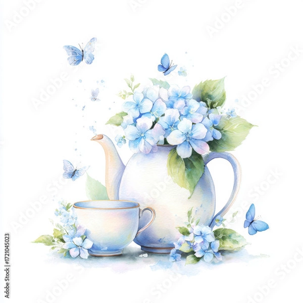 Fototapeta Delicate teapot and cup adorned with hydrangeas and butterflies creates a tranquil romantic scene in soft pastel hues