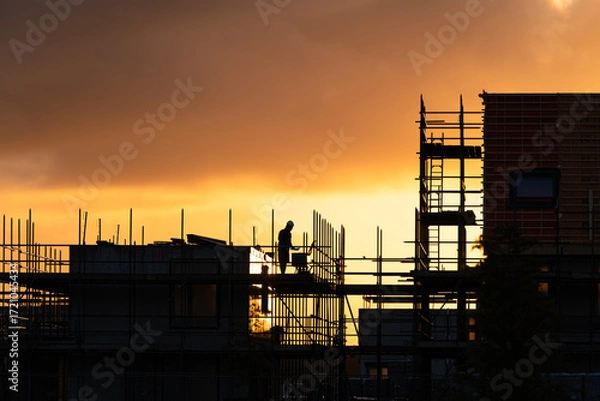 Fototapeta Construction workers working on a housing project in the Netherlands during a tranquil sunrise.

