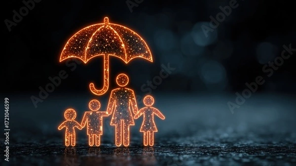 Fototapeta Glowing umbrella protects a family of four on a wet dark surface. Perfect for insurance, coverage, healthcare, and slides about protection, safety, risk management, reliability and support.