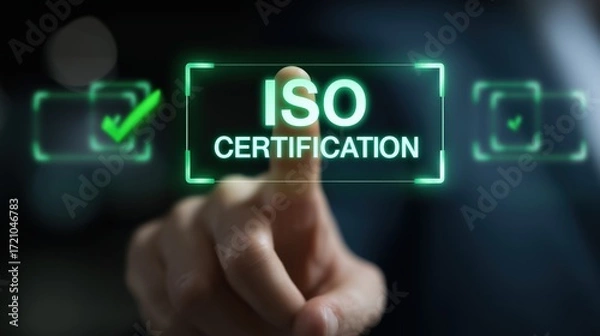 Fototapeta Business finger taps a glowing ISO certification badge with check marks. Useful for quality management, compliance, audits, and slides about standards, approval, documentation and control.