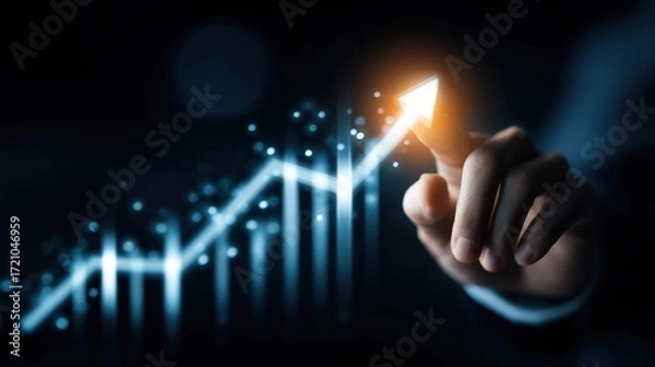 Fototapeta Close-up hand points to a rising chart with arrow on a dark screen. Useful for fintech dashboards, forecasting, revenue growth, and ads about analytics, success, progress and strategy.