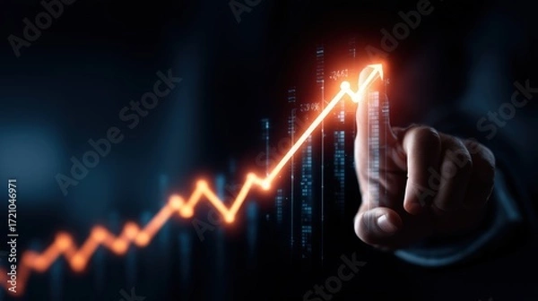 Fototapeta Finger points to glowing orange line chart rising on a dark interface. Perfect for fintech, business forecasting, analytics dashboards, websites, and ads about growth, success and progress.