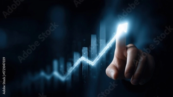 Fototapeta Close-up hand selects glowing blue bar chart rising upward on a dark screen. Great for fintech reports, analytics dashboards, presentations, and ads about profit, revenue growth and forecasting.