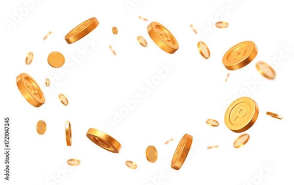 Fototapeta 3d set flying golden point coins with different angles. Stock vector illustration on isolated background.	