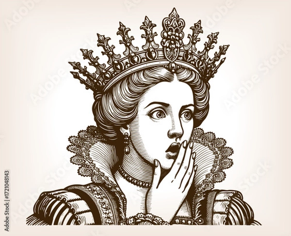Fototapeta royal queen wearing an ornate crown and jewelry, with wide eyes and surprised expression sketch engraving generative ai fictional character vector illustration. Scratch board. Black and white image.