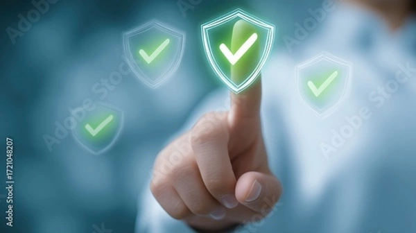 Fototapeta Doctor taps a glowing shield with check marks on a clean blue interface. Ideal for health data privacy, verification workflows and compliance training, plus slides about security, trust, approval