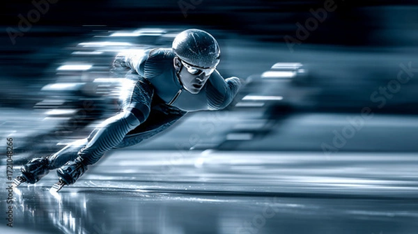 Obraz Dynamic sports photo of a speed skater on the ice of a stadium during the competition, blurred background, athletic pose