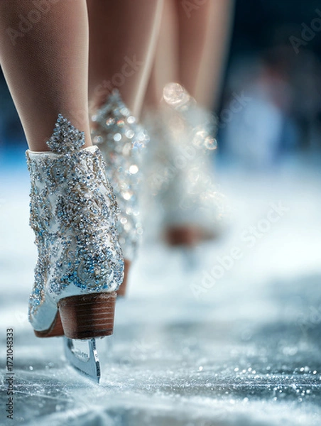 Obraz Sports photography - close-up of a figure skater's legs in figure skates on the ice of a stadium during the competition, blurred background, reportage style