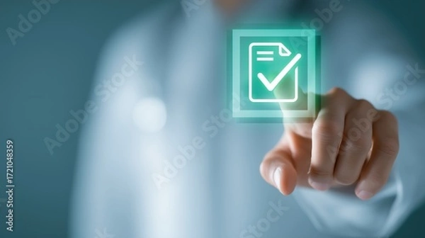 Fototapeta Doctor selects a luminous checklist document icon on a blue medical interface. Useful for compliance, documentation, onboarding and health administration, and slides about approval, records management