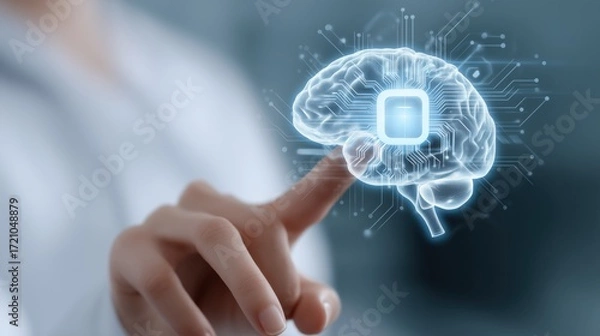 Fototapeta Doctor hand highlights luminous brain hologram with embedded microchip. Perfect for neuroscience, AI, healthcare innovation, and slides about research, cognition, machine learning and smart systems.