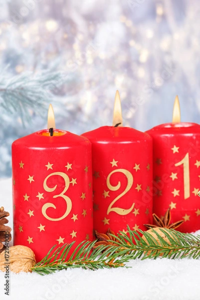 Fototapeta Third 3rd Sunday in advent Christmas time copyspace copy space with burning candle snow winter